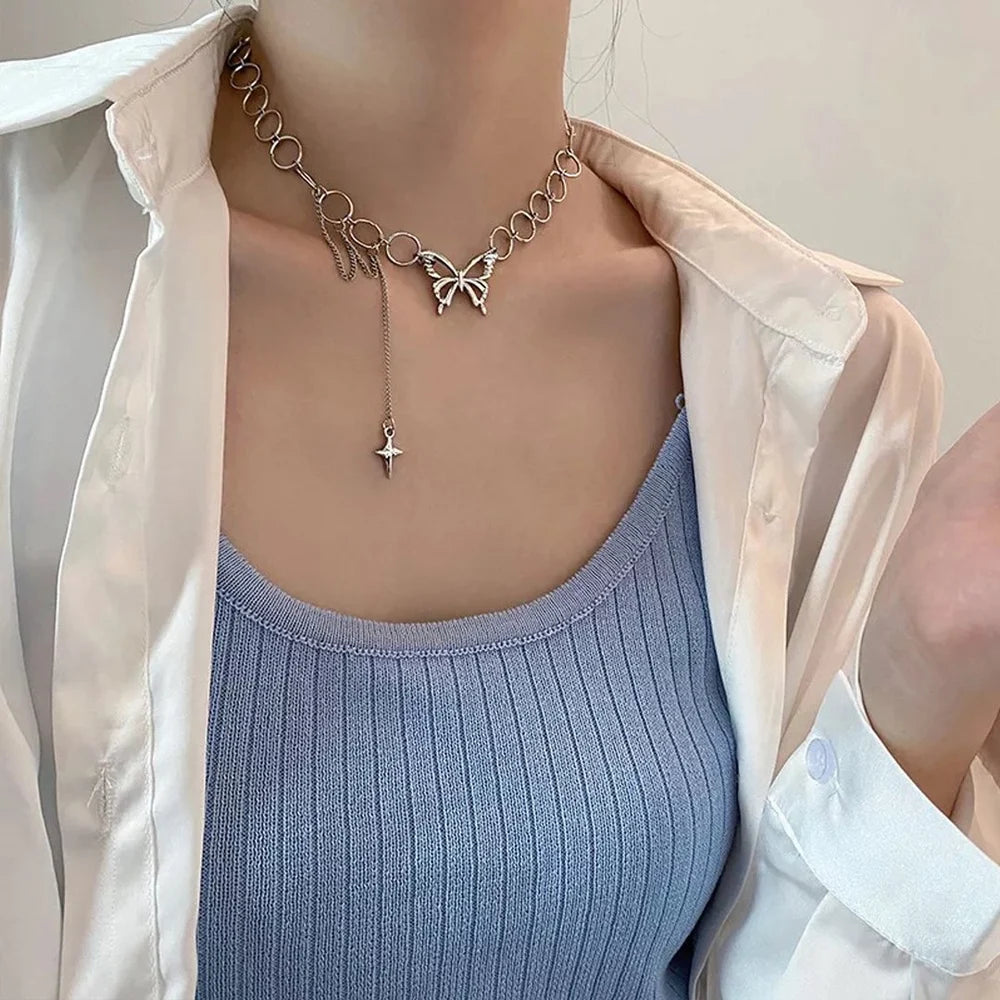 Geometric Circle Star Tassel Butterfly Choker Necklace