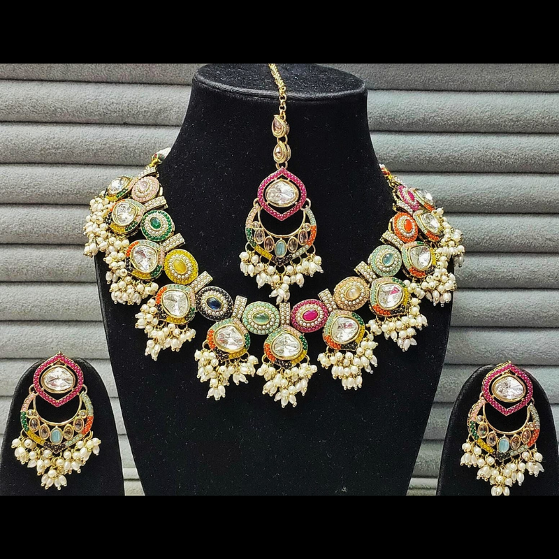 Multicolor Kundan Bridal Necklace Set with Earrings & Maang Tikka