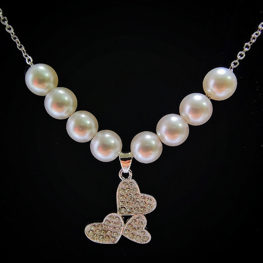Classic Pearl Choker with Crystal Heart Pendant & Stud Earrings