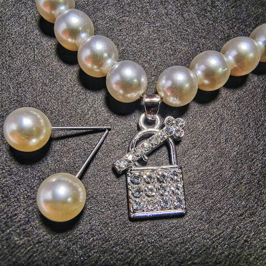 Classic Pearl Choker with Crystal Lock Pendant & Stud Earrings