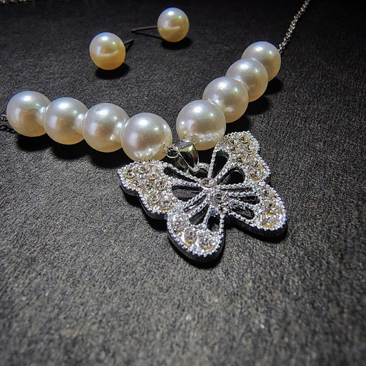 Classic Pearl Choker with Crystal Butterfly Pendant & Stud Earrings