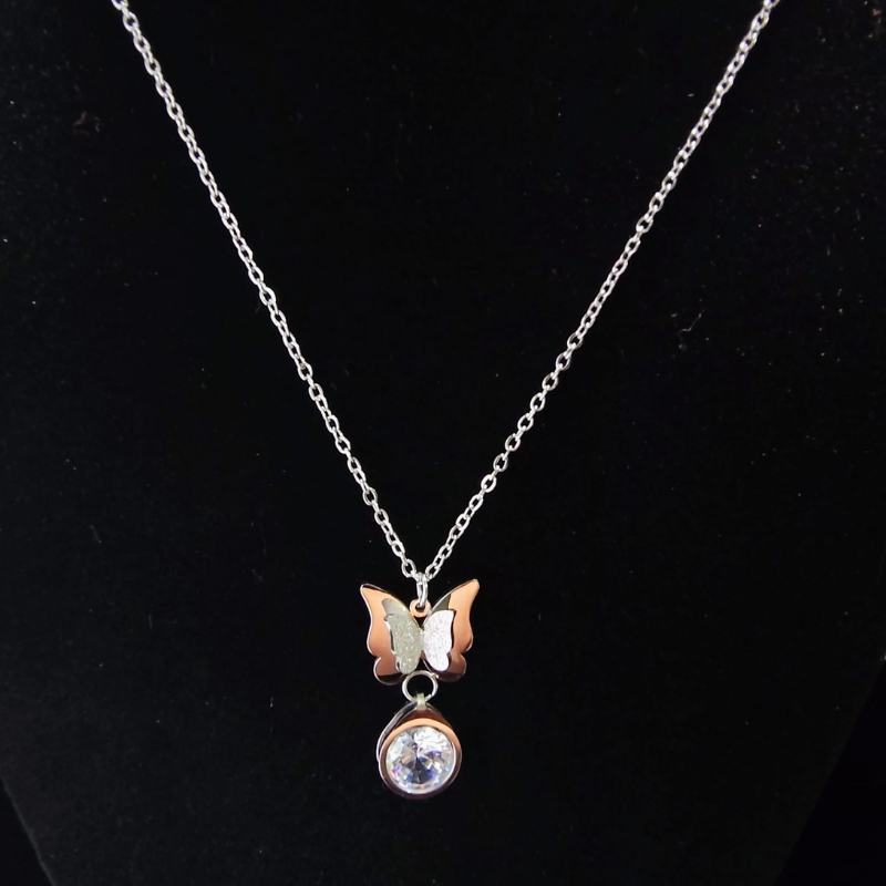 Elegant Two-Tone Butterfly Necklace with Sparkling Gem