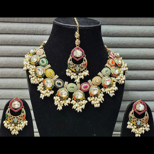 Multicolor Kundan Bridal Necklace Set with Earrings & Maang Tikka